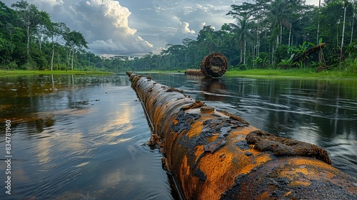 A corroded pipeline leaking oil into a pristine river, highlighting the environmental risks posed by fossil fuel extraction and transportation.