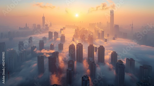 A megacity skyline blanketed in smog, portraying the health hazards of air pollution exacerbated by urbanization and industrialization.