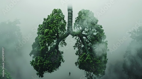 Poumons formés par des arbres dans une forêt brumeuse avec silhouette humaine