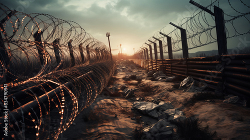 Border of two countries separated with fence and barbed wire high security sunset evening shot conflict relationship concept