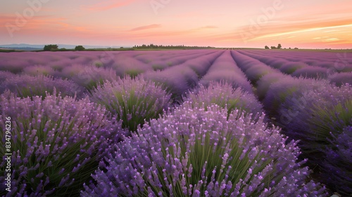 A lavender field in bloom during golden hour is breathtaking, with sunset hues contrasting vibrant purples.