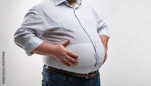 Nahaufnahme des dicken Bauches eines stark übergewichtigen Mannes im Hemd