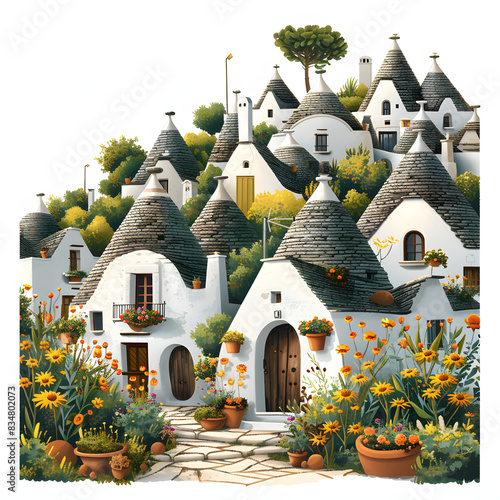 Trulli of alberobello, puglia, italy. town of alberobello with trulli houses among green plants and flowers isolated on white background, png 