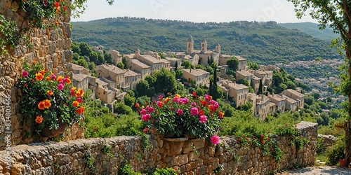 wallpaper representing flowers in containers placed on stone walls with a Provençal village in the background. Wonderful picturesque landscape of Provence.
