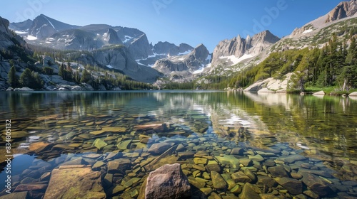 A clear mountain lake reflects the peaks, creating a breathtaking panorama of beauty and serenity.