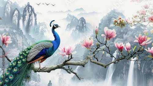 3D peacock sitting on a magnolia tree branch wallpaper