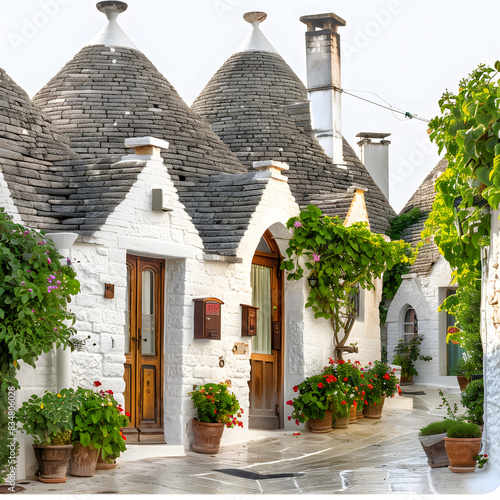 Trulli of alberobello, puglia, italy. town of alberobello with trulli houses among green plants and flowers isolated on white background, cinematic, png 