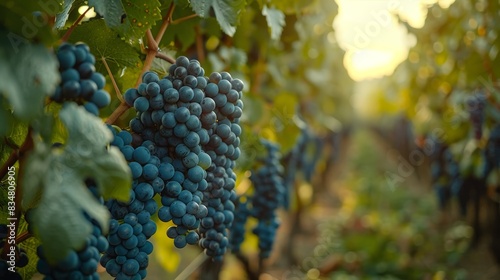 Close-up of ripe blue grapes on vines in a vineyard during golden hour with soft sunlight