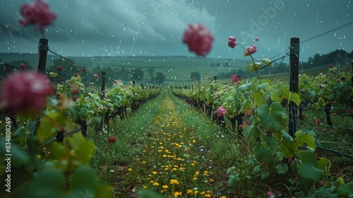 A serene vineyard scene under a rainy sky, showcasing rows of grapevines with interspersed vibrant flowers