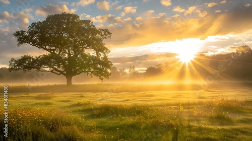 Vibrant gold sunrise over a rural landscape, with the sun casting warm rays through a tree