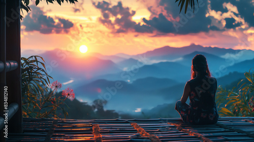 A person sitting on a roof enjoying a mountain sunset with warm colors and natural background, conveying a concept of peace. Generative AI