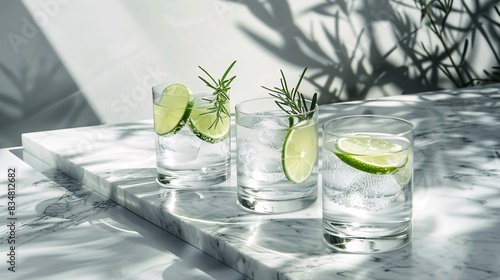 A serene arrangement featuring a trio of classic Gin and Tonic cocktails, served in highball glasses with slices of lime and sprigs of fresh rosemary, positioned on a minimalist marble tabletop with