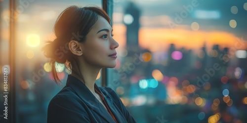 Businesswoman looking out of an office window, contemplating cityscape during sunset, reflecting on future goals and opportunities.