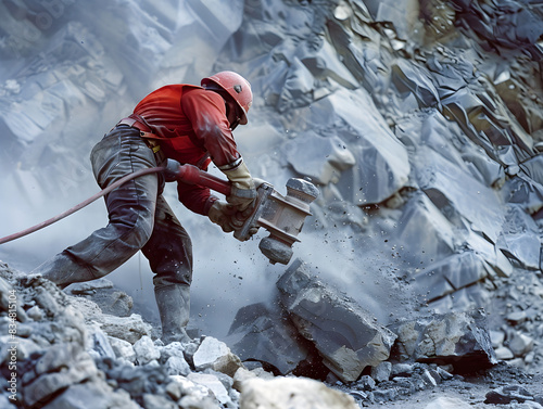 A worker in a hard hat uses a pneumatic hammer to break up large rocks.