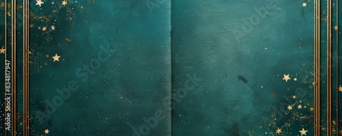 Teal background with thin gold trim and scattered stars, elegant festive design