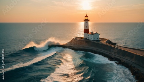 lighthouse in the middle of the sea, sunset colors and little wavy sea 