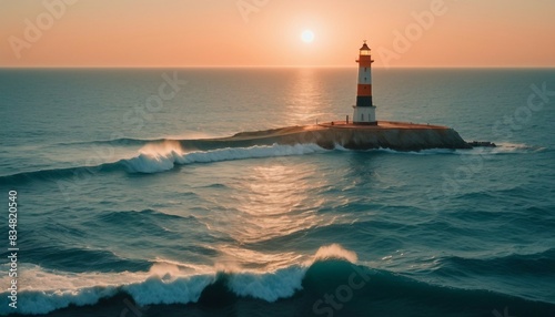 lighthouse in the middle of the sea, sunset colors and little wavy sea 