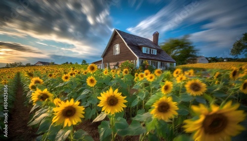 A quaint farmhouse surrounded by fields of blooming sunflowers, their cheerful faces turned towards the sun.