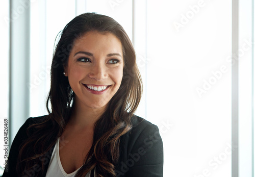 Happy, business woman and portrait for thinking and vision as human resources manager with mockup. Smile, female person and hr rep in office with confidence, pride and ambition for corporate change