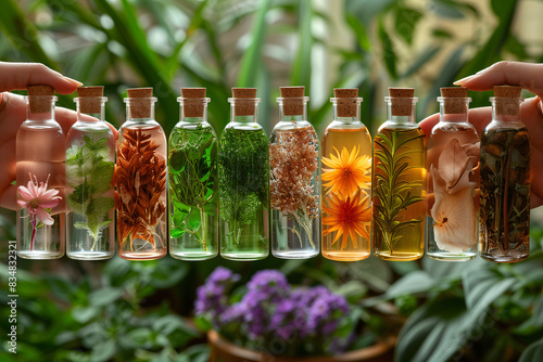 Glass vials with different perfume extracts surrounded by fresh and dried botanical elements