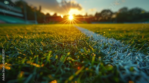 Sun rays peeking over a football field with the focus on the dewy grass foreground