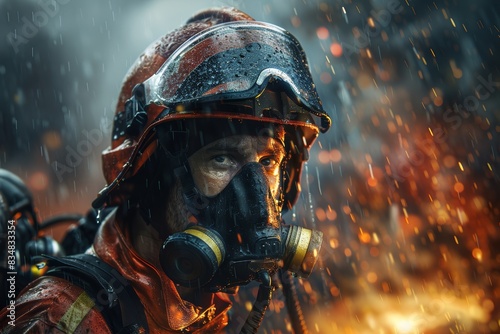 Close-up of a firefighter in full gear battling a blaze, with rain and smoke swirling around them.