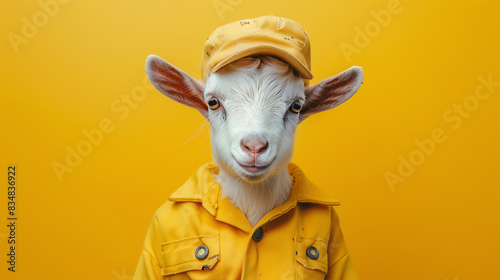 Goat in yellow hat and coat looks like human