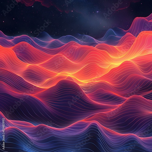 Red and blue waves undulate in the night sky