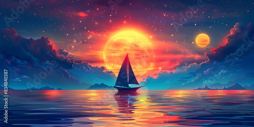 A boat floating on the sea under a setting sun and a rising moon.