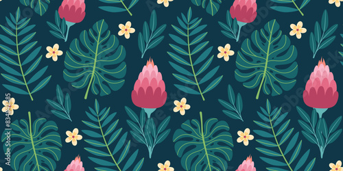 Seamless pattern with tropical leaves and flowers in simple design. Summer pattern with exotic plants for fabric and wallpaper. Flat vector illustration. 