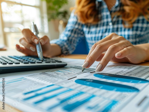 Person calculating on paper with calculator and pen