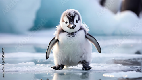Cute baby penguin portrait with fluffy feathers waddling on ice