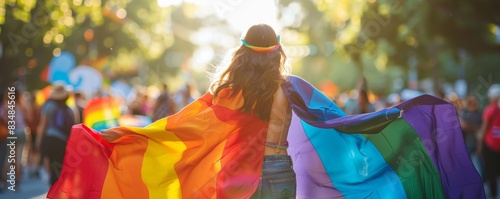Joyful individual wrapped in rainbow flag celebrating LGBTQIA pride at a vibrant outdoor festival under the sun.