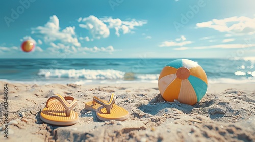 Summer vacation concept: flip-flops, beach ball, and snorkel on the sand