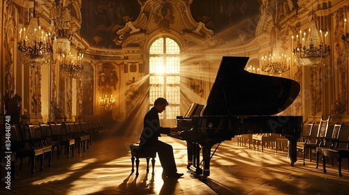 A classical pianist performs in a candlelit Baroque hall, shadows dancing as melodic notes enchant the audience.