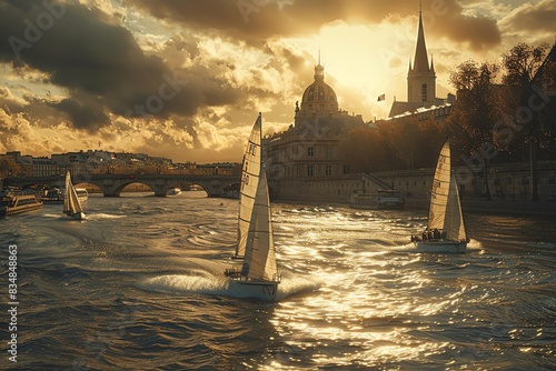 Sailors on the Seine, Paris landmarks, Olympic 2024, morning, 3D rendering, realistic water