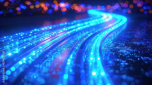 Blue light streak, fiber optic, speed line, futuristic background for 5g technology wireless data transmission