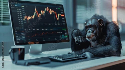 Funny image: Ape relaxes at a modern office desk with a stock trading platform.