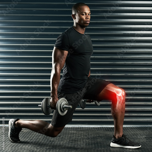 Fitness, portrait and black man with dumbbell for leg workout, knee pain and training gym. Muscle balance, joint ache and body builder with weightlifting, sports injury and confidence in exercise