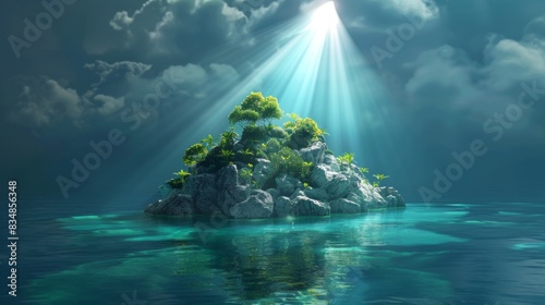 peaceful island with light beams joyful concept background