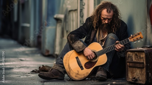 a forgotten folk singer with a worn-out guitar case sitting on a deserted street corner.