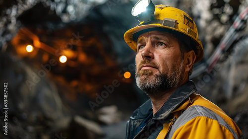 Male miner in a helmet with a flashlight in a mine