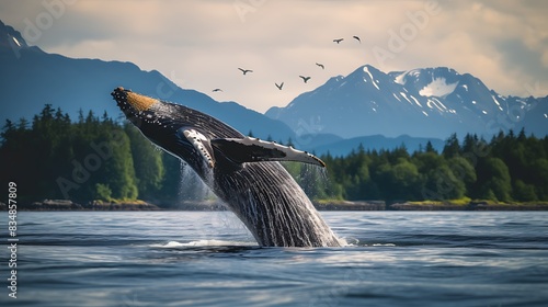 Tail or Fluke lobbing Humpback whale in Frederick Sound in South East Alaska. Megaptera novaeangliae