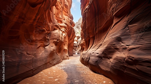 The Siq pavement road red-rock canyon. Jordanian stone gallery at Petra 