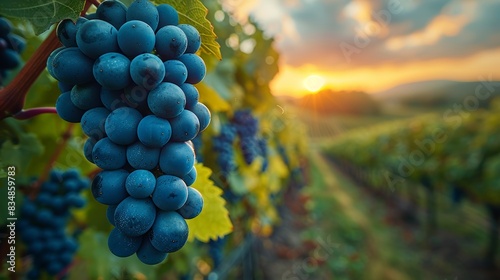 Warm sunset casting a golden glow over ripe grape clusters in a vineyard, symbolizing agriculture and winemaking