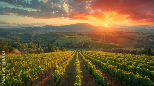 Breathtaking Tuscan landscape with vineyards stretching to the horizon, illuminated by a warm sunset
