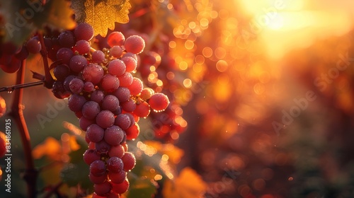 Close-up of dew-covered grapes on a vine with sunlight filtering through, creating a bokeh effect