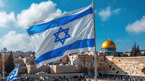 The Israeli flag prominently displayed with the Western Wall and Dome of the Rock in the background, symbolizing national pride