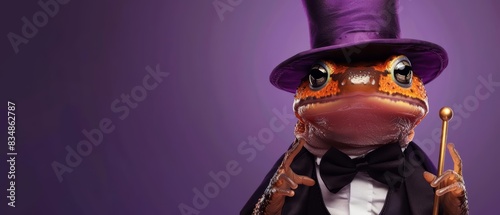 A newt dressed as a magician, with a top hat and wand, on a solid purple background with copy space