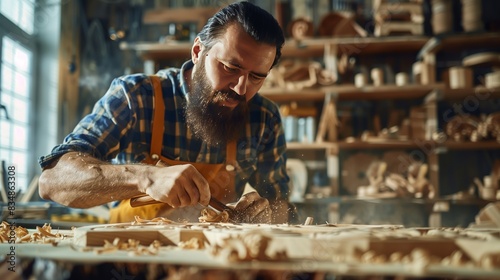 In a modern woodworking studio, a bearded craftsman intricately carves timber, surrounded by chisels and sawdust.